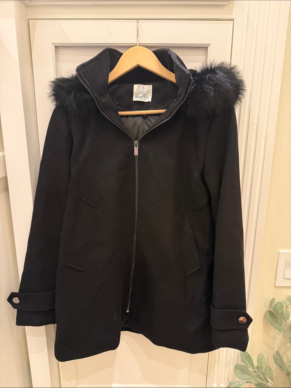 Primark Black Hooded Pea Coat with Faux Fur Hood Trim